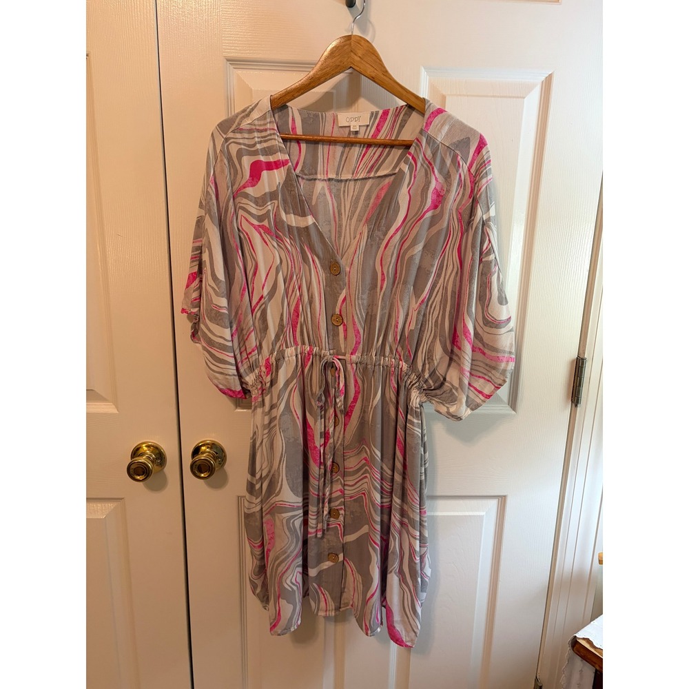 Oddi Pink Grey Marble Swirl Button Front Dress Adjustable Waist Pockets 2XL